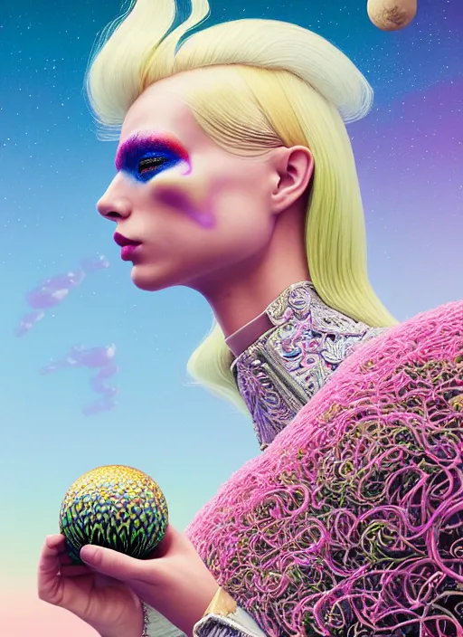 Image similar to pretty futuristic blonde model with hallucination mushroom : : by martine johanna and simon stalenhag and chie yoshii and casey weldon and wlop : : ornate, dynamic, particulate, rich colors, intricate, elegant, highly detailed, vogue, harper's bazaar art, fashion magazine, smooth, sharp focus, 8 k, octane render,