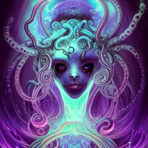 Image similar to A full shot of a dark fairy from the Abyss covered in opal. Symmetrical. Underwater. Lit from above. Dark foreboding Atmosphere. Sailor Moon. Tentacles. Kawaii. Neon glow. By Lisa Frank and HR Giger and Ross Tran. Key Art. Fantasy Illustration. award winning, Artstation, intricate details, realistic, Hyperdetailed, 8k resolution. Photoreal. Octane Render.