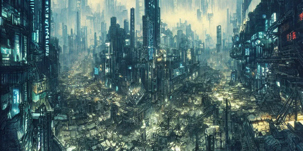 Image similar to concept art of city of midgar from final fantasy 7, rapture, dark atmosphere, hanafuda oil on canvas by ivan shishkin, james jean and yoji shinkawa