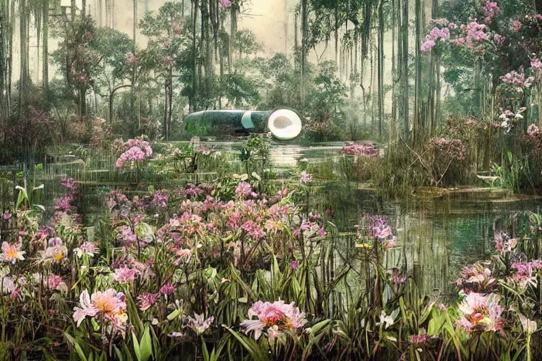 Prompt: hyperrealism, scene from louisiana swamps, spaceship, spring blooming flowers garden, true detective, 8 0 s japanese sci - fi books art