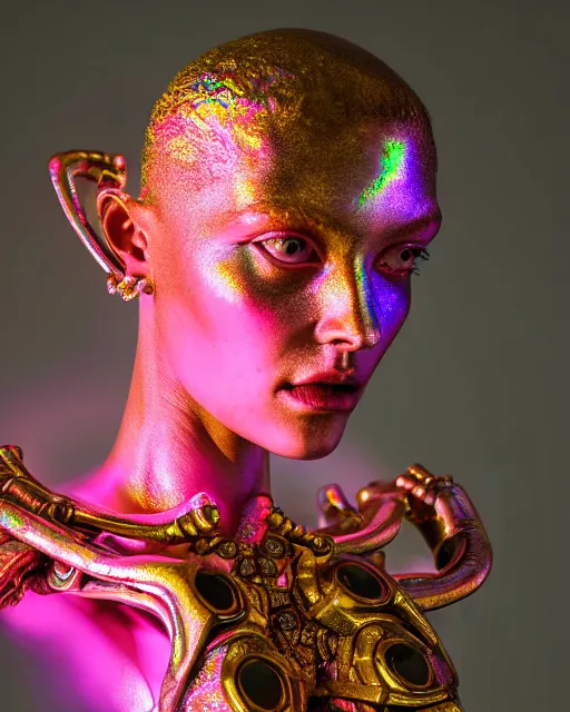 Prompt: hyperrealist highly intricate neo-rococo pink iridescent exoskeleton beautiful goddess concept art pascal blanche key sage dramatic yellow lighting 8k low angle shallow depth of field