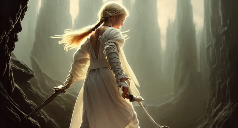 Prompt: tiny mage running away from a giant skull, blonde hair braided wearing ivory gothic robe, bone mountain, movie action still frame, ultra wide horizon, intricate, elegant, highly detailed, hyperrealism, digital painting, concept art, smooth, sharp, focus, illustration, art by artgerm, greg rutkowski, ilya kuvshinov, alphonse mucha