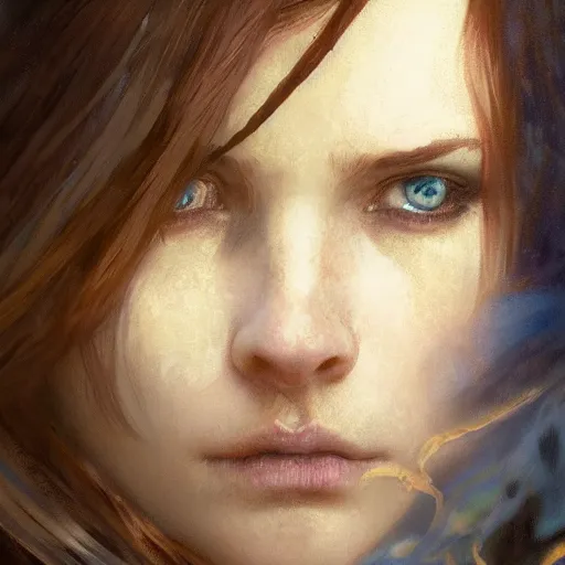 Prompt: closeup portrait of a mage, cloth, blue hour, dungeons and dragons character, dramatic lighting, female, brown hair, celtic braid, castle background, gorgeous view, realistic, high detail, digital art, painted by greg rutkowski, painted by jeremy mann, painted by alphonse mucha, trending on artstation