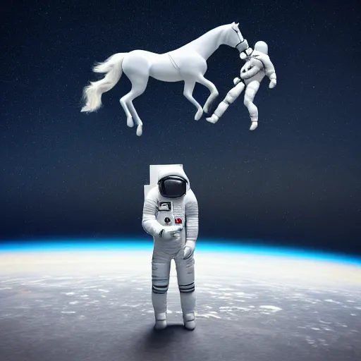 Image similar to an astronaut standing on the ground and a small trippy aggressive centaur standing on that poor human being standing on all fours astronaut, really trying to ride it, the horse is on his shoulders and grabbing them, the astronaut is holding the legs with his arms, minimalist style, 3 d render, isometry