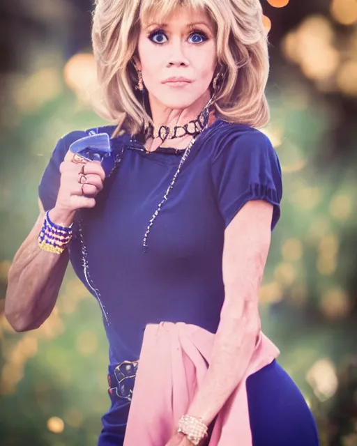 Prompt: A realistic photo of Jane Fonda as Buffy the Vampire Slayer, bokeh, 90mm, f/1.4