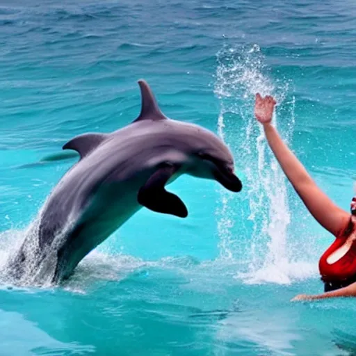 Prompt: a dolphin and a human giving each other a high-five