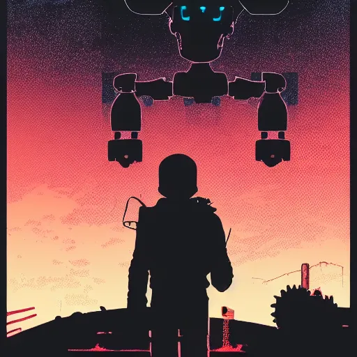 Image similar to in the style of max prentis and deathburger and laurie greasley a silhouette of a young explorer wearing a cyberpunk headpiece sitting on the head of a giant robot watching the sunset in the distance, highly detailed, 8k wallpaper