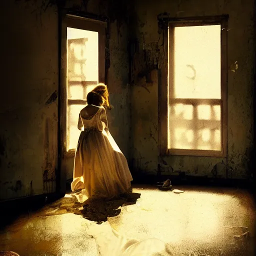 Prompt: A woman in a wedding dress in a dirty run-down room, long shadow, warm colors, vintage shading, dark room, elegant interior, by Greg Rutkowski