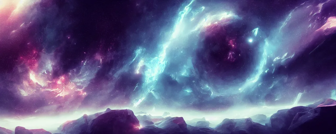 Image similar to epic beautiful minimalist space nebulae space scene, spaceengine, highly detailed, chiaroscuro, volumetric lighting, octane render, majestic, mysterious, double - exposure, light, tones of black in background, sublime, soft lighting, ray tracing global illumination, translucid luminescence, lumen reflections