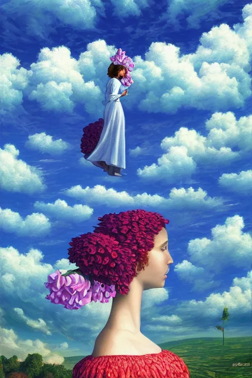 Image similar to closeup, giant flower head, woman in suit, clouds in sky, surreal, impressionist painting, digital painting, artstation, rob gonsalves