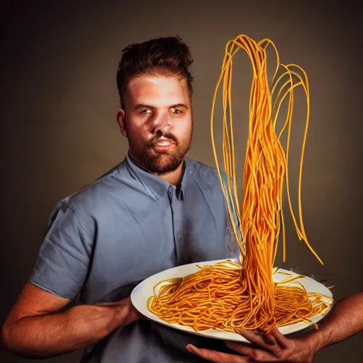Prompt: man with spaghetti on top of his head, studio photography
