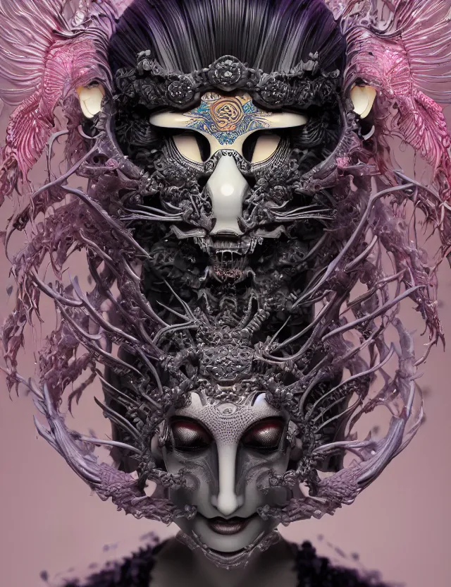 Image similar to 3 d goddess close - up profile death biohazard portrait with crown, ram skull. beautiful intricately detailed japanese crow kitsune mask and clasical japanese kimono. betta fish, jellyfish phoenix, bio luminescent, plasma, ice, water, wind, creature, artwork by tooth wu and wlop and beeple and greg rutkowski