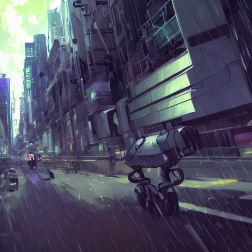 Prompt: android mechanical cyborg in overcrowded urban dystopia raining makoto shinkai wide angle shot