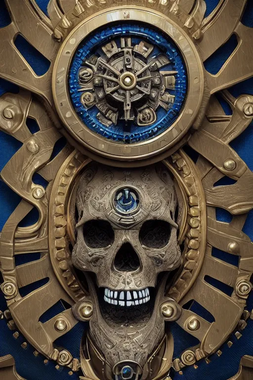 Image similar to conceptart 3 d render ultra detailed of a skull, intricate art deco and steam punk gears details inside, hyperrealistic, volumetric lighting, ultra detailed, elegant, octane render, blue and gold, 8 k, trending on artstation, unreal engine