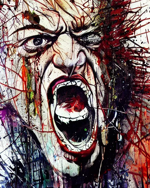 Prompt: An angry man screaming by Francis Bacon, Carne Griffiths and Ralph Steadman