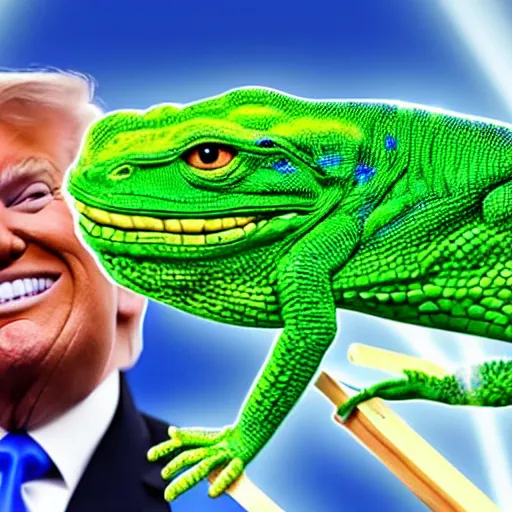 Image similar to president trump is a smiling laughing bright green lizard person, airbrush painting, epic scale, lens flare, glittering popsicle, hyper detailed, 8 k.