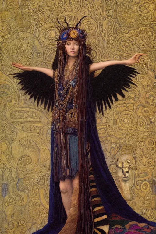 Image similar to portrait of the crow queen, by Donato Giancola and John Bauer and John William Godward and Vermeer, embroidered velvet, iridescent beetles, rich color, ornate headdress, flowing robes, lost runes, ancient civilizations,featured on Artstation, cgisociety, unreal engine, extremely detailed