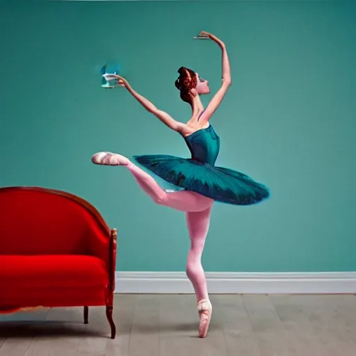 Image similar to painting of a ballerina holding wine in a teal room over a red background