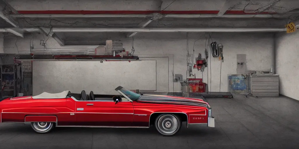 Prompt: front view picture one red 1975 cadillac eldorado convertible car as a grand theft auto 5 loading screen, garage scene, front view, intricate, studio, art by anthony macbain + greg rutkowski + alphonse mucha, concept art, 4k, sharp focus