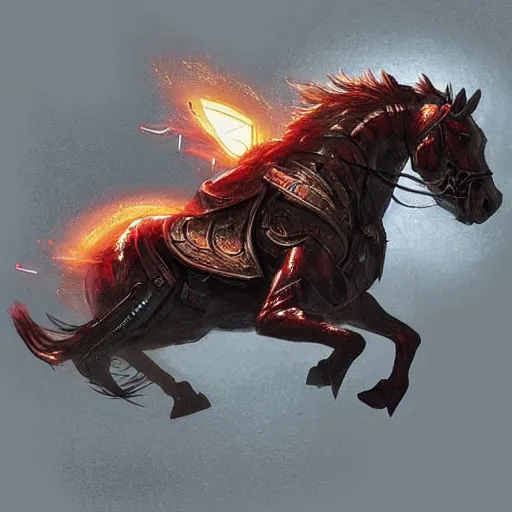 Image similar to “ rim light, fantasy, cinematic concept art, nicolas cage riding a robot horse out of hollywood as its exploding, award winning, dramatic lighting. ”