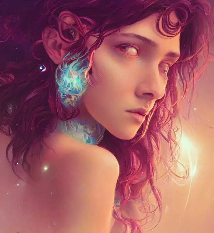Prompt: beautiful, haunting young woman, detailed gorgeous face, flowing hair, vaporwave aesthetic, synthwave, space and planets in her hair along her face, psychedelic, digital painting, artstation, concept art, smooth, sharp focus, illustration, art by artgerm and greg rutkowski and alphonse mucha