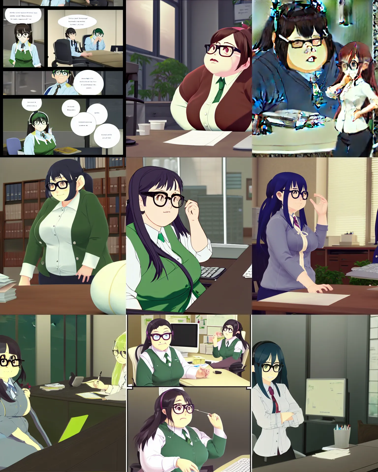 Prompt: beautiful office scene featuring an obese round goblin intern wearing office clothes, she has a soft eager face with glasses and long hair and large pointy goblin ears, her skin is green and her clothes are gray and white, by makoto shinkai and akihiko yoshida and hidari and sakimichan and warcraft