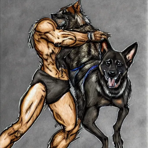 Image similar to a humanoid german shepherd beast - man wrestling with another german shepherd in the middle of an arena, pencil art, added detail, high definiton, colored, aerial viewyoji shinkawa