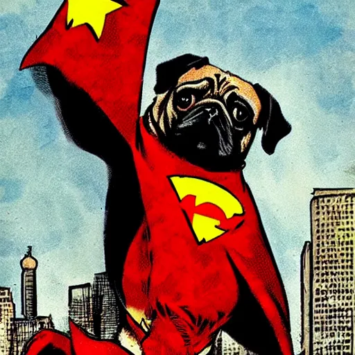 Image similar to pug man comic book hero, communist, comic