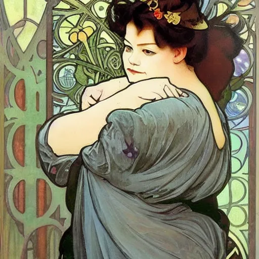 Image similar to exotic shorthair cat, solid grey, beautiful painting by beautiful potter and alphonse mucha