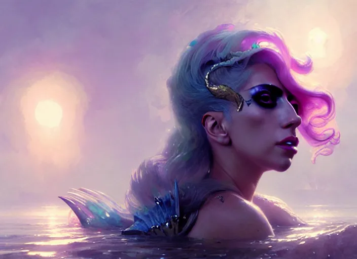 Image similar to lady gaga as a mermaid, intricate, sharp focus, lens flare, bloom, illustration, highly detailed, digital painting, concept art, matte, art by ruan jia and wlop and greg rutkowski