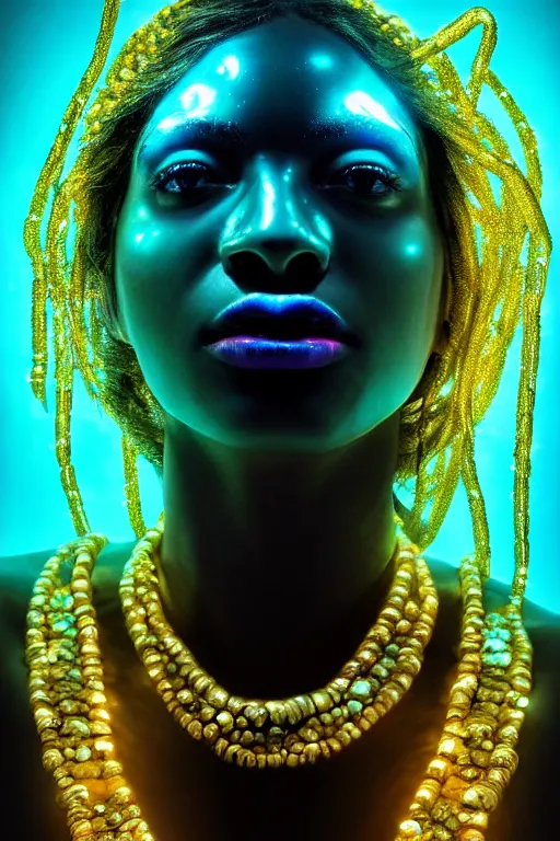 Image similar to hyperrealistic cybernetic cinematic bioluminescent very expressive! oshun goddess underwater, whole body, gold jewerly, highly detailed face, digital art masterpiece, smooth eric zener cam de leon, dramatic pearlescent turquoise light on one side, low angle uhd 8 k, shallow depth of field