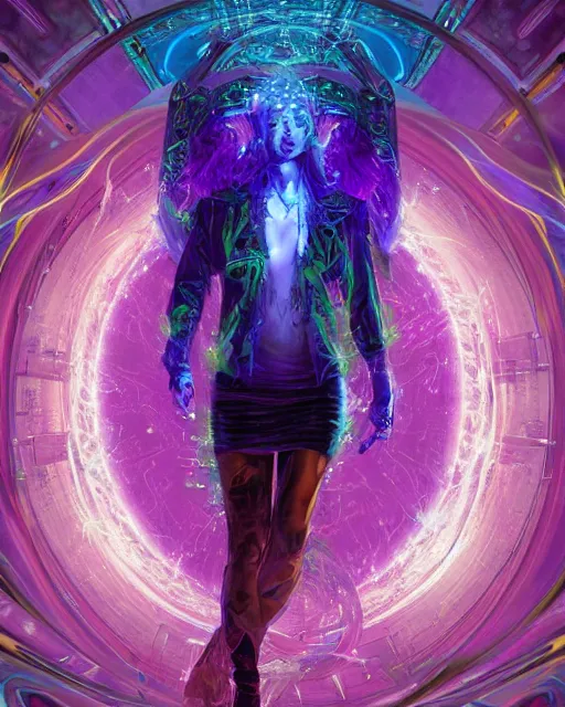 Image similar to a powerful energy psychedelic matrix priestess, by alexander fedosav, hyper detailed digital matte painting, concept art, hyperrealism, 1 6 k resolution, cinema 4 d, 8 k resolution, trending on artstation, behance hd, a masterpiece, by stephan martiniere, particles, cel - shaded, power bright neon energy, by david a. hardy,