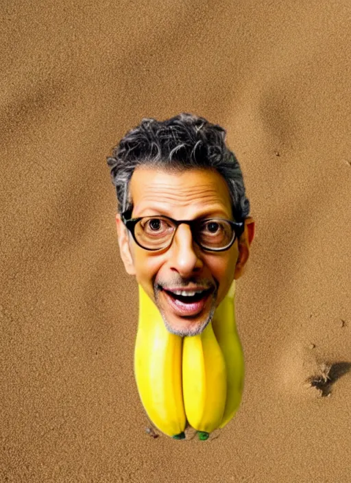 Image similar to jeff goldblum as a banana tomato on the sand of a beach