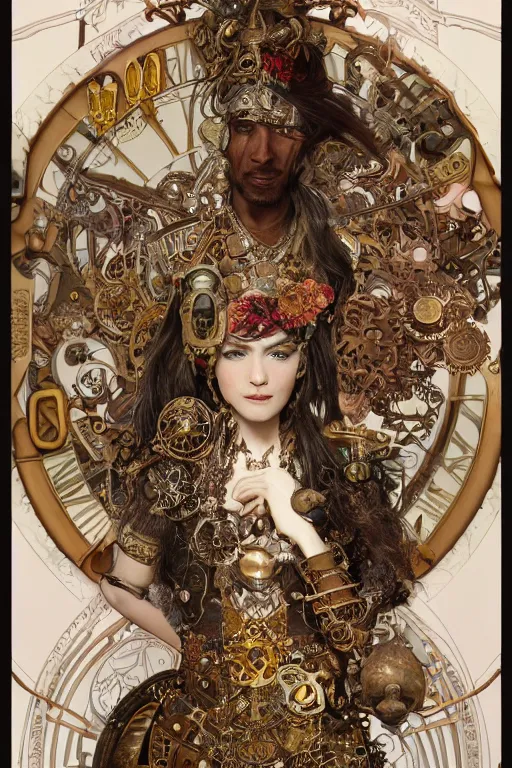Prompt: beautiful portrait of a steampunk warrior girl wearing a detailed armour of jewels and gold bugs and fantasy beetles an orc by her side, huge mechanical clocks, surrounded by art nouveau mushrooms and vegetation , intricate details, realistic shaded , steampunk, highly detailed, artstation, pretty face, illustration by alphonse mucha and Greg Rutkowski and Ruan Jia, art nouveau, octane render