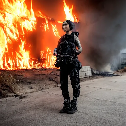 Image similar to Candid extreme wide shot of a poor techwear mixed woman with short hair and tattoos outside of a futuristic Los Angeles on fire, a police MRAP on fire, cyberpunk, 4k, extreme long shot, desaturated, full shot, action shot, motion blur, depth of field, sigma 85mm f/1.4, high resolution, 4k, 8k, hd, full color, award winning photography, war photography