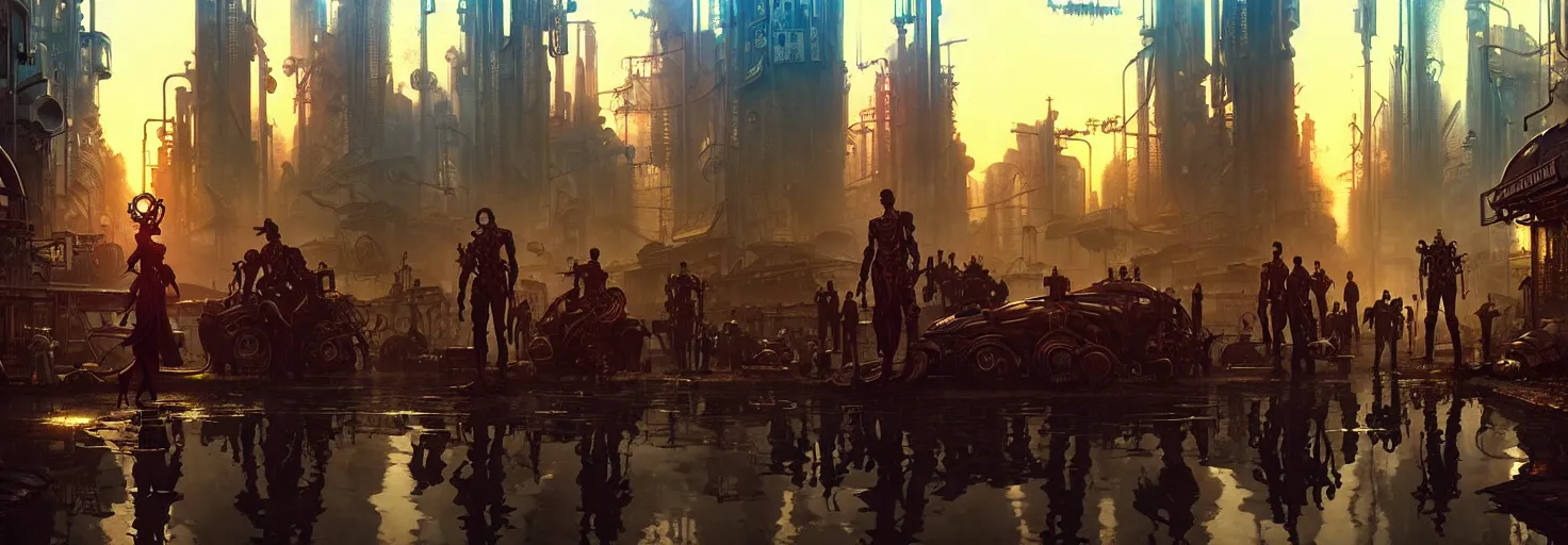 Prompt: steampunk cyberpunk city in a swamp, busy market, godrays, cinematic, poster art by weta studio, lucasfilm jesper ejsing, norman rockwell, mucha, ilya kuvshinov, greg rutkowski frank frazzeta on artstation