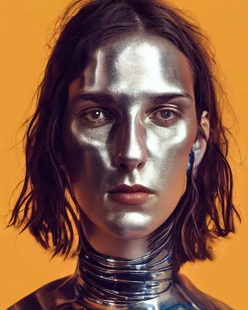 Prompt: hila klein, wearing an oufit made from stainless steel, weird expressionist pose, modern fashion, half body shot, photo by greg rutkowski, female beauty, f / 2 0, symmetrical face, warm colors, depth of field