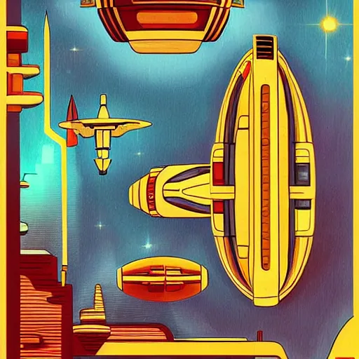 Image similar to futurama spaceship in a modern style of art deco painting