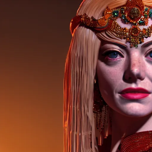 Image similar to a close up portrait of emma stone, she is dressed as a belly dancer,, arabian night, in focus sharp face with fine details, her fingers by albrecht durer, volumetric lightening, octane render, high quality, fully detailed, 4 k, alphonse mucha, masterpiece, stunning