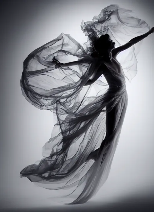 Image similar to a Photorealistic dramatic hyperrealistic render of a glamorous beautiful Female smoke dancer by Ken Brower and Deborah Ory of NYC Dance project,Lois Greenfield,Flowing cloth and smoke,Beautiful dynamic dramatic dark moody lighting,volumetric,shadows,cinematic atmosphere,Octane render,8K