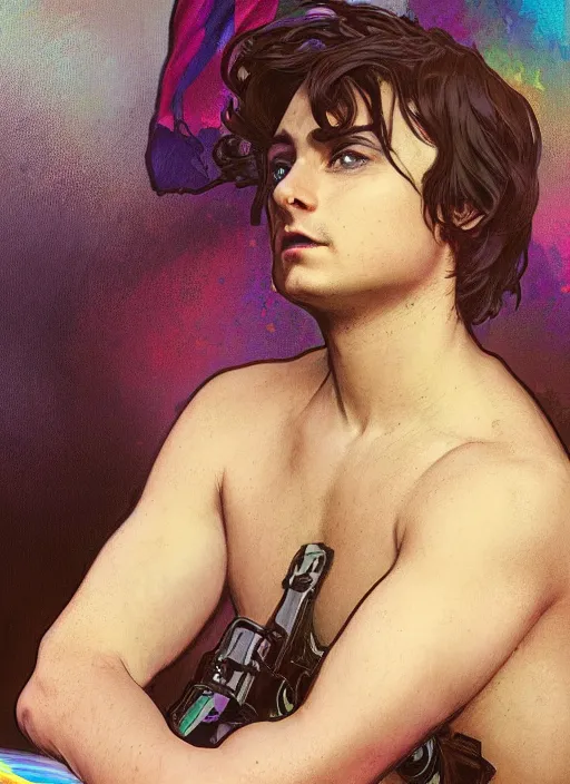 Prompt: Ben Shapiro as a transgender, gay colors, queer theme, rainbow hair , sigma male, accurately portrayed, portrait art by alphonse mucha and greg rutkowski, highly detailed, digital painting, concept art, illustration, dim lighting with twilight rays of sunlight, trending on artstation, very detailed, smooth, sharp focus, octane render, close up