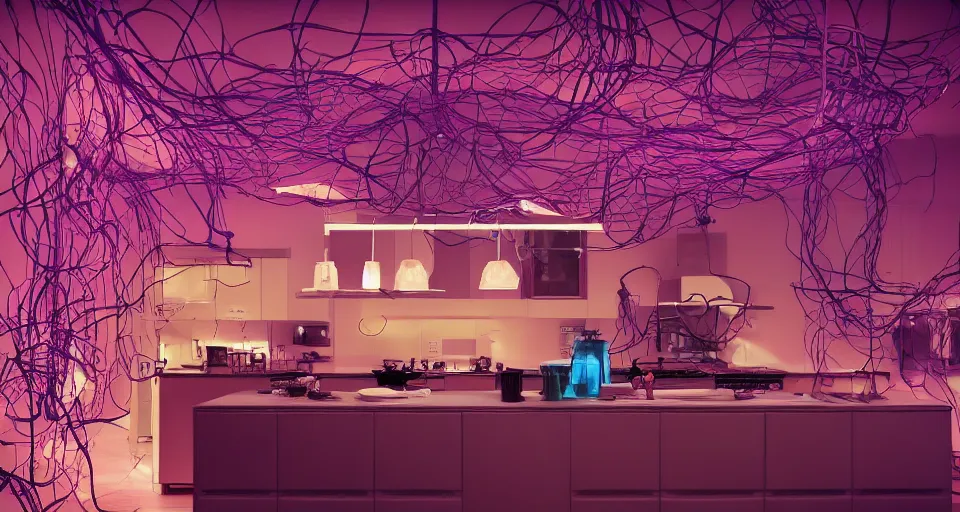 Prompt: IKEA catalogue photo, high end farm house style kitchen, cyberpunk with neon lighting, screens, monitors, wires, purple, cyan, orange, organic, vines by Beksiński