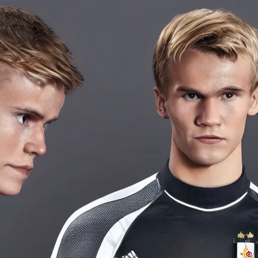 Image similar to a realistic detailed photo of a guy who is an attractive humanoid who is half robot and half humanoid, who is a male android, soccer player martin ødegaard, shiny skin, posing like a statue, blank stare, in a living room, on display, showing off his muscles, with a twin