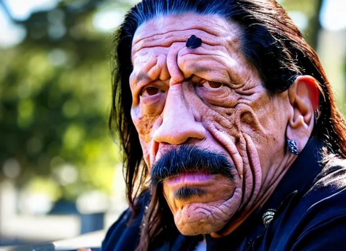 Image similar to photo of sad danny trejo sitting on a park bench crying, 8 k, sunny day