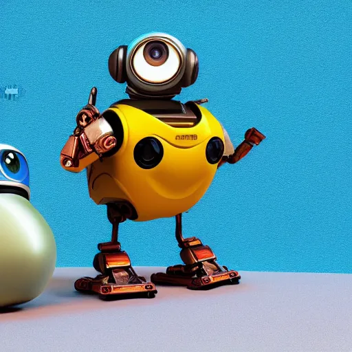 Image similar to two small chubby bots, hyperdetailed colourful, panelling, aerodynamic, intricate detail, holding, style of cute pokemon, with damaged rusty arms, antenna, jerboas, floating, white studio, oil, mechanical, cute toy, wall - e, ambient light, in the style of pixar animation, pokedstudios, blender, octane render, 8 k,