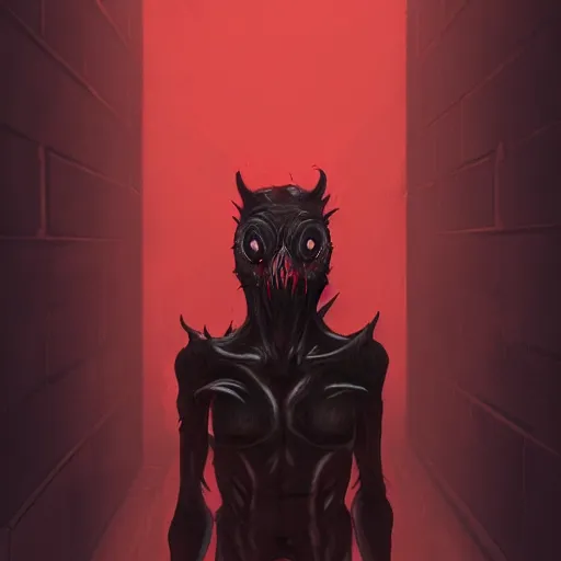 Image similar to [ horrific anthropomorphic pitch black creature with red eyes ]! standing in an [ immensely dark corridor ]!, digital art style, concept art, trending on [ artstation ], contest winner, award winning, 4 k quality