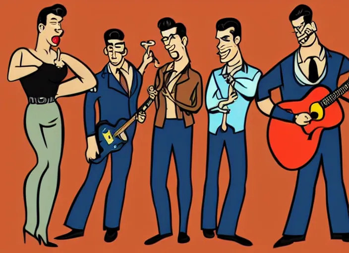 Image similar to rockabilly band in the style of archer cartoon, 1950s