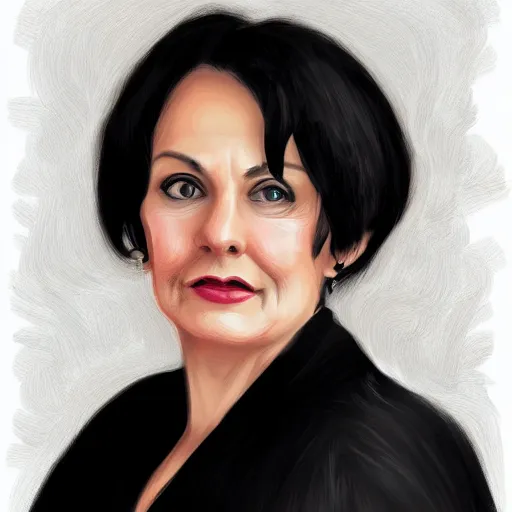 Prompt: a digital portrait of a 59 year old with black hair,hazel green eyes, drawn in the style of mark Arian