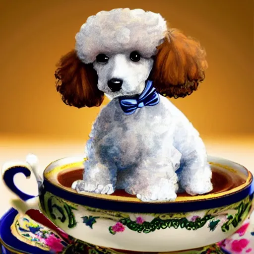 Prompt: very realistic cute poodle sitting inside a tea cup