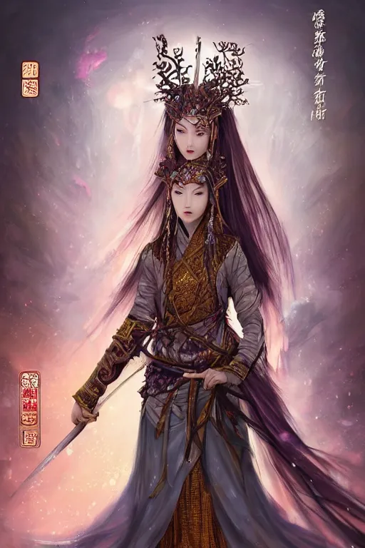 Prompt: beautiful ancient fantasy portrait of wuxia armored heroine, face trending by artbreeder wearing like Xian Xia wardrobe, in forbidden City, hybrid from Dynasty Warriror, flowers sea rainning everywhere, intricate, very very beautiful, elegant, highly detailed, digital painting, beautiful glowing galaxy eyes, human anatomy, hyperrealistic, soft light, dynamic, artstation, fantasy concept art, smooth, sharp focus, illustration, art by alphonse mucha and WLOP and tian zi
